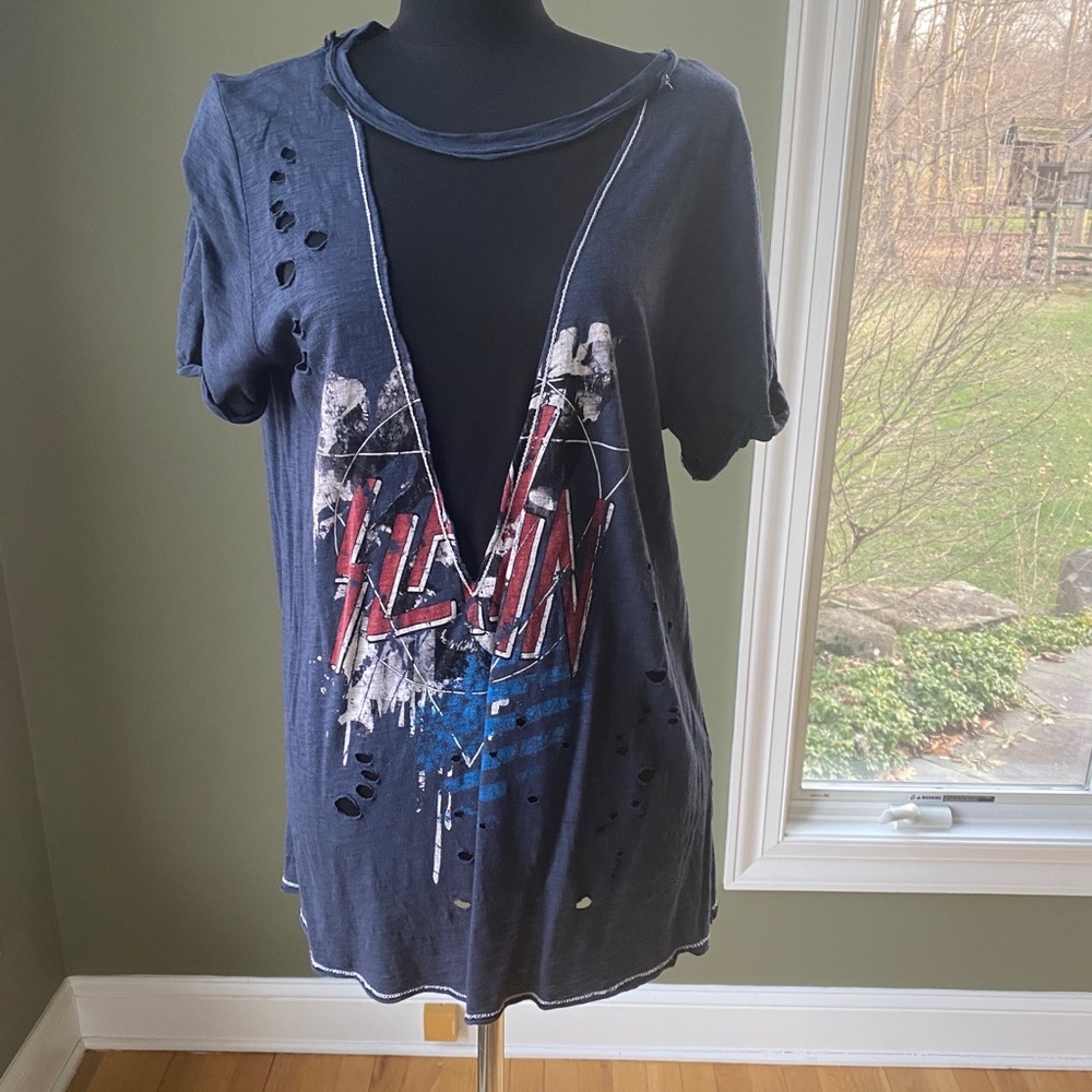 Distressed band logo tee with mesh cutout